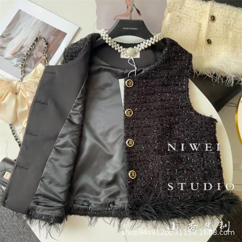 Tweed Style Vest Heavy-Duty Splicing Feather Edge Cardigan Versatile Vest 2025 Autum New Tweed Vest for Women