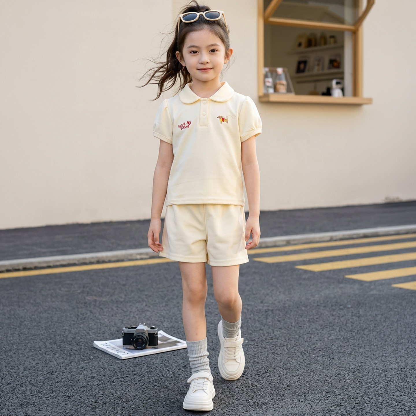 Niñas mangas cortas traje de verano nueva camiseta al por mayor ropa de niños extranjera camiseta polo niñas bordadas ropa de verano para niños