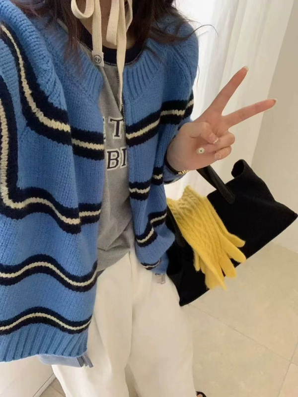 拼色条纹圆领毛衣外套女秋季新款韩系宽松慵懒双拉链针织开衫上衣|undefined