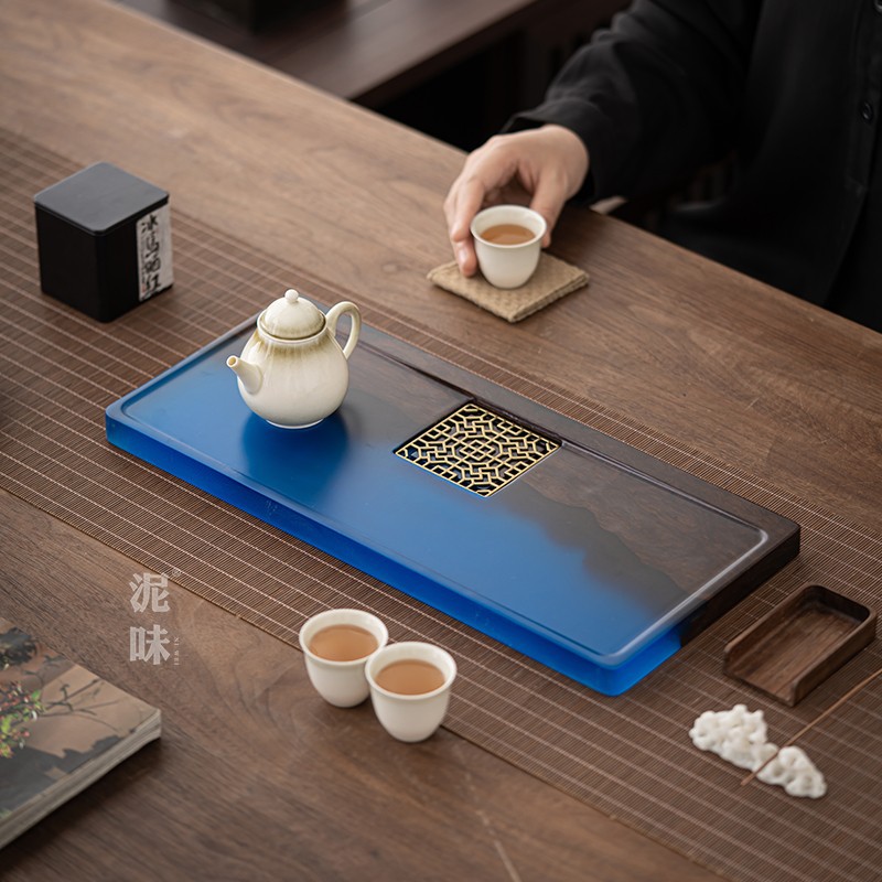 Resina ébano de madera maciza húmeda y seca bandeja de té resina epoxi río Qianshan bandeja juego de té hogar bandeja de té bandeja de madera
