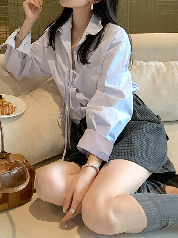 槿一翻领系带衬衫女秋季新款设计感小众复古衬衣宽松长袖上衣气质|undefined
