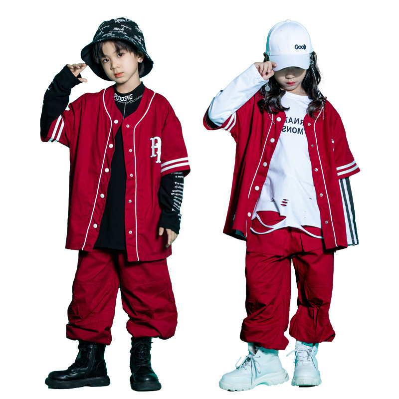 Ropa de moda para niños de hip-hop, ropa de béisbol roja, ropa de actuación de hip-hop para niños y niñas