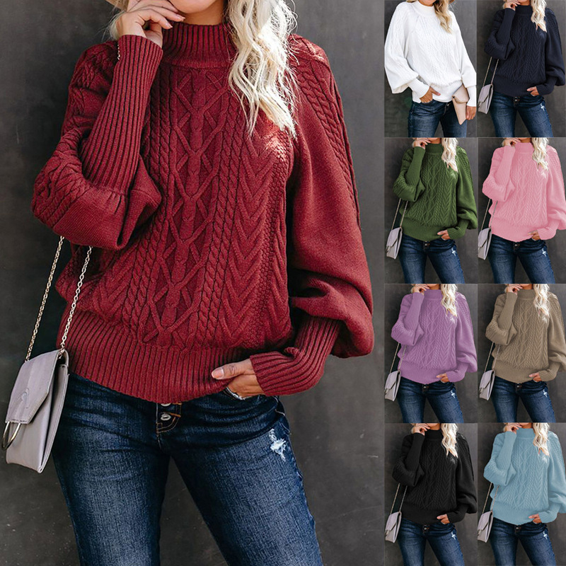 Wish2023 New Winter Mid-Collar Sweater for Women Amazon Export Loose Long-Sleeved Knitted Pure Color Sweater Wish2023 New Winter Mid-Collar Sweater for Women Amazon Export Loose Long-Sleeved Knitted Pure Color Sweater