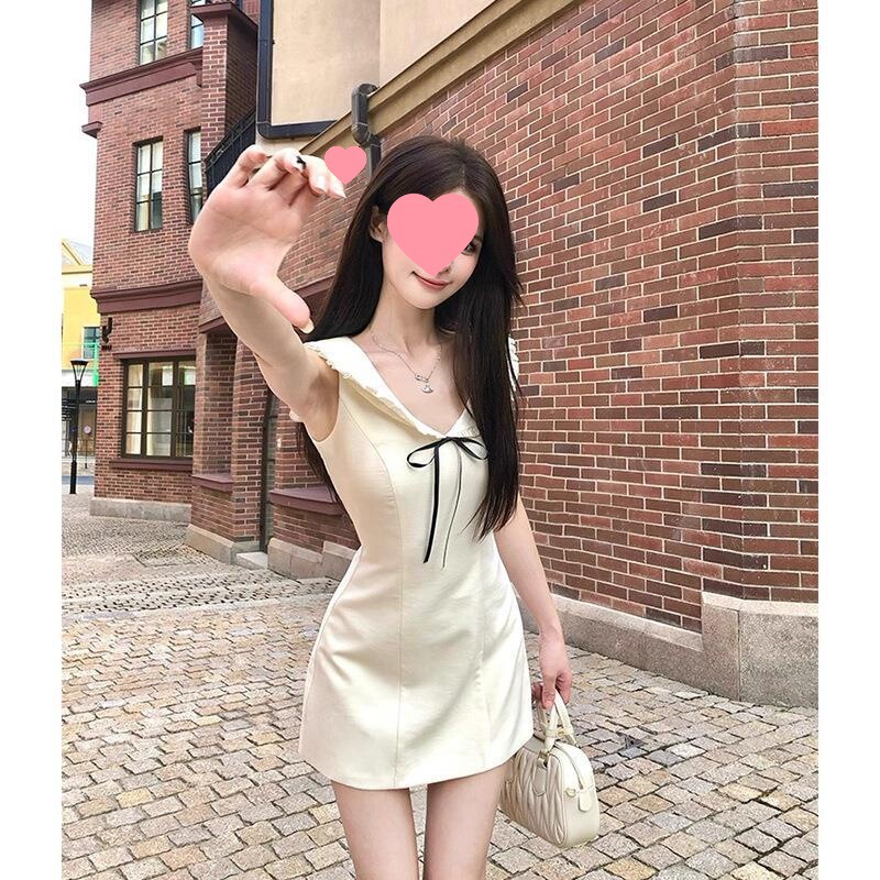 法式千金感蝴蝶结无袖连衣裙女纯欲风甜美娃娃领气质收腰短裙夏季|undefined