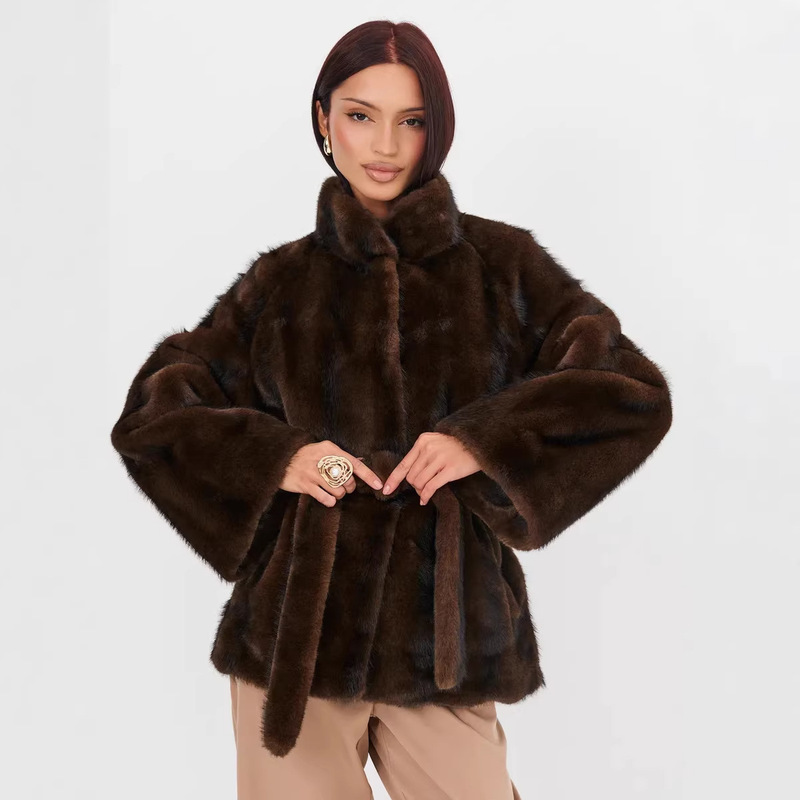 Russian Cross-Border Women's Faux Fur Coat with Stand Collar, Belt, Mink Fur, Thickened, Warm Fur Coat Russian Cross-Border Women's Faux Fur Coat with Stand Collar, Belt, Mink Fur, Thickened, Warm Fur Coat