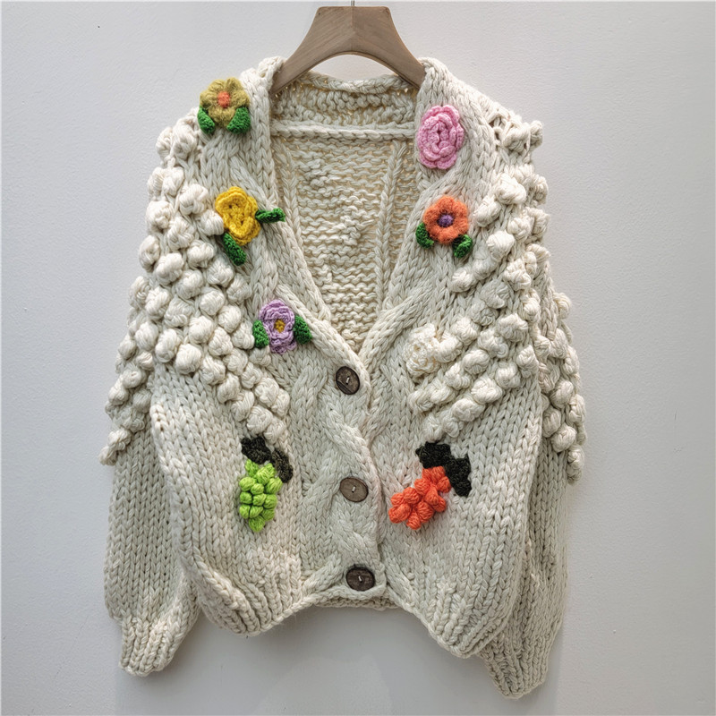 Flor tridimensional bola de lana de cuello en V de punto Cardigan mujeres 2025 invierno nuevo abrigo de estilo de mujer suelto dulce