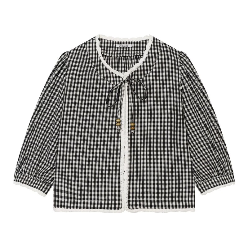 Cross-Border Wholesale Women's New Style Round Neck Elbow-Length Sleeve Crochet Patchwork Small Checkered Top 3045105 Cross-Border Wholesale Women's New Style Round Neck Elbow-Length Sleeve Crochet Patchwork Small Checkered Top 3045105