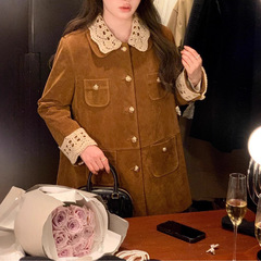 2025年 MIU系覆古翻领中长款麂皮/丝绒外套工装风衣女 美拉德穿搭