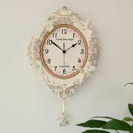 欧式立体玫瑰天使挂钟创意时尚家用树脂时钟摇摆静音墙上石英钟