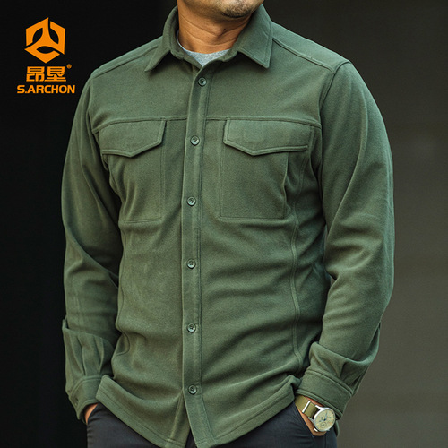 Men's Outdoor Tactical Fleece Lined Long Sleeve Shirt, Heavy Duty Crew Neck Insulated Shirt, Warm Fleece Sweatshirt, Spring and Autumn Inner Layer Shirt