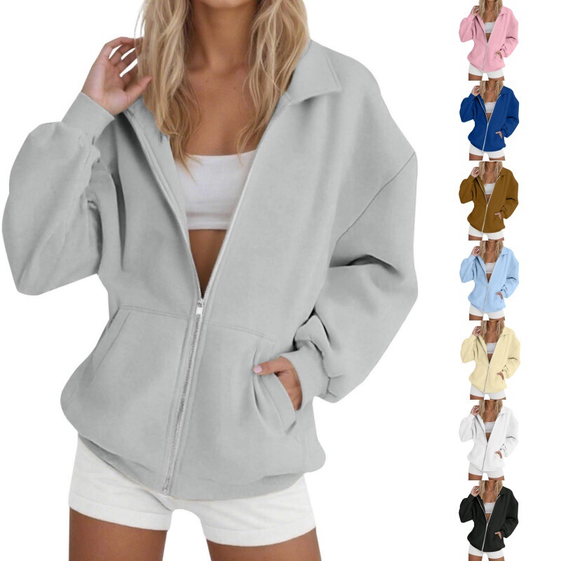 Amazon European and American Cross-Border Temu Jacket Women's Pure Color Zipper Lapel Hoodless Short Sweatshirt Long-Sleeved Sweatshirt