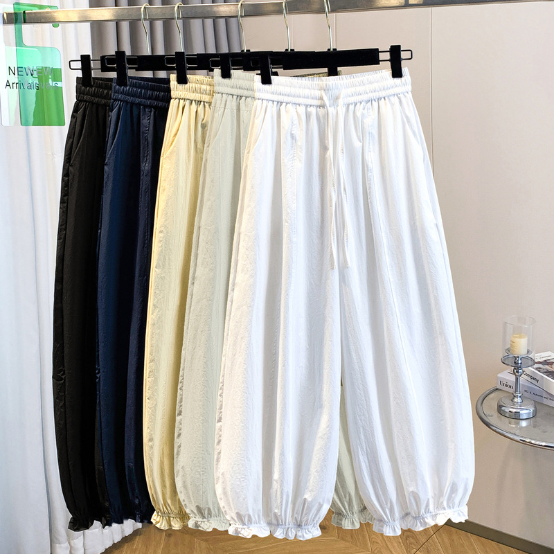 Plus-Size Floral Lantern Pants for Women, Summer Thin Loose Pleated Casual Balloon Pants with Ruffled Edges and Drapey Nine-Point Length