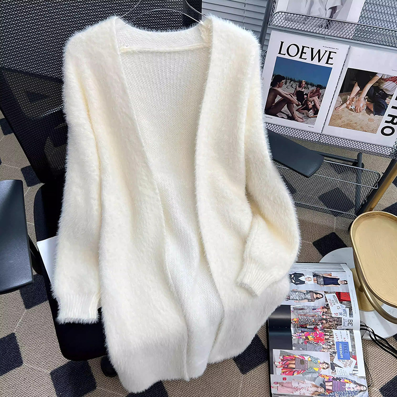 慵懒风毛衣外套女开衫宽松外搭针织大衣长款过膝水貂绒外衣女秋冬|undefined