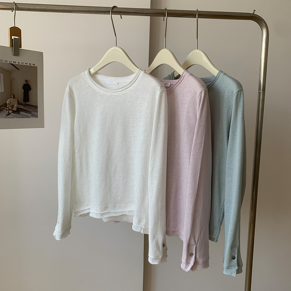 No D Recommended! Light ~ Pink Distressed Rolled Edge Relaxed Chic Button Long Sleeve Layered Base Shirt