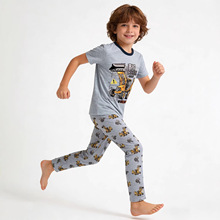 夏新款工程车印花图案套头上衣半袖长裤套装跨境儿童服饰工厂货源