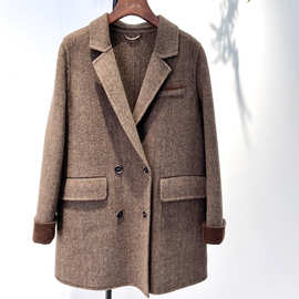 春尚旭咖色休闲文艺设计感小众毛呢西装外套女冬季型款气质人字纹