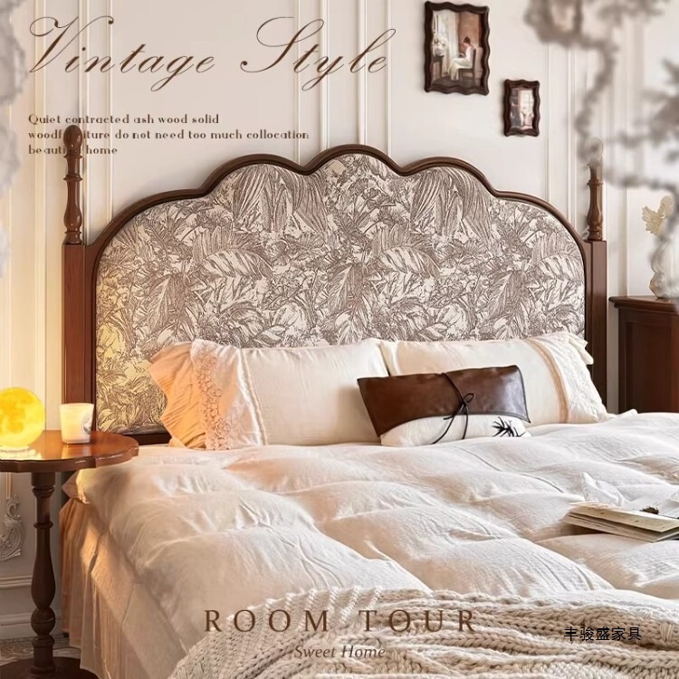 Fengjunsheng American-Style Retro Solid Wood Bed 1.5m/1.8m Double Bed French Mid-Century Style Soft-Upholstered Bed for Master Bedroom High-End Large Fengjunsheng American-Style Retro Solid Wood Bed 1.5m/1.8m Double Bed French Mid-Century Style Soft-Upholstered Bed for Master Bedroom High-End Large