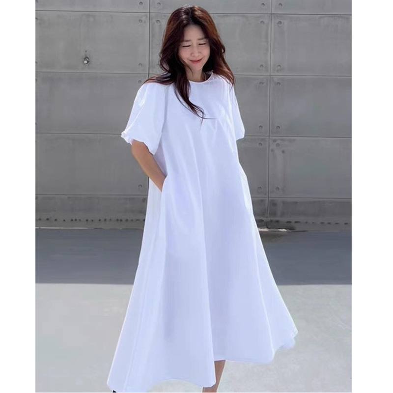 Korean Chic Summer Retro Holiday Style Round Neck Loose Casual Long A-Line Puff Sleeve Elegant Dress for Women