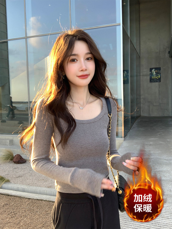 alex stevens U领纯色打底衫弹力棉修身显瘦上衣女长袖保暖衣|undefined