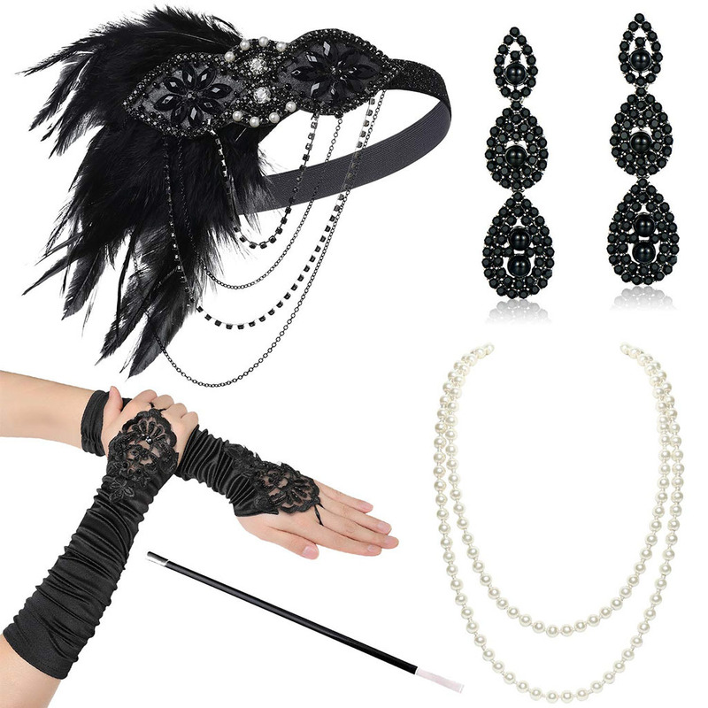 1920sフラッパーガールドレスハロウィーン衣装手袋シガレットネックレスヘッドバンドファー5点セット|undefined