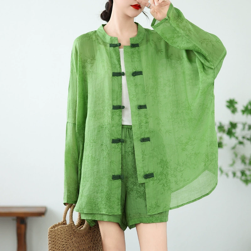 Реализутая женская одежда большого размера в китайском стиле ретро с пряжкой из хлопка и льна костюм солнцезащитный крем с широкими ногами шорты из двух частей летом