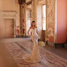 外贸出口独立站爆款性感蕾丝一字肩长袖包臀鱼尾聚会晚宴婚纱礼服