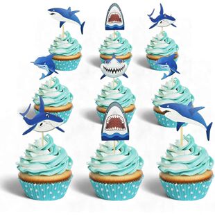 Cross-Border 30 Shark-Themed Cake Decorations, Shark Birthday Cakes, Shark Cupcakes, Shark Party Supplies