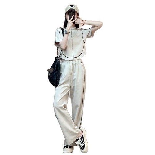 Design-inspired casual sports set for women, summer, high-waisted zipper short-sleeve wide-leg pants, two-piece set, trendy