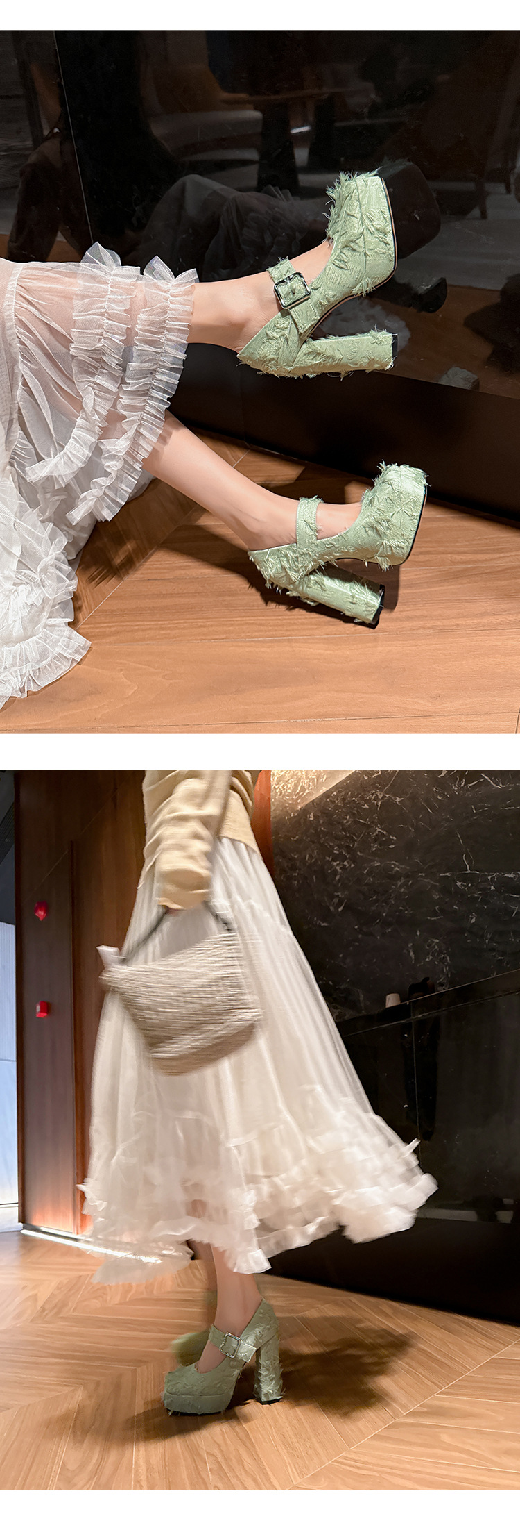 Giày cao gót nữ mũi vuông phong cách Mary Jane đế xuồng platform gót 12 cm — Xanh lá cây nhạtcolor, màu đen, màu trắng ngà chi tiết 15