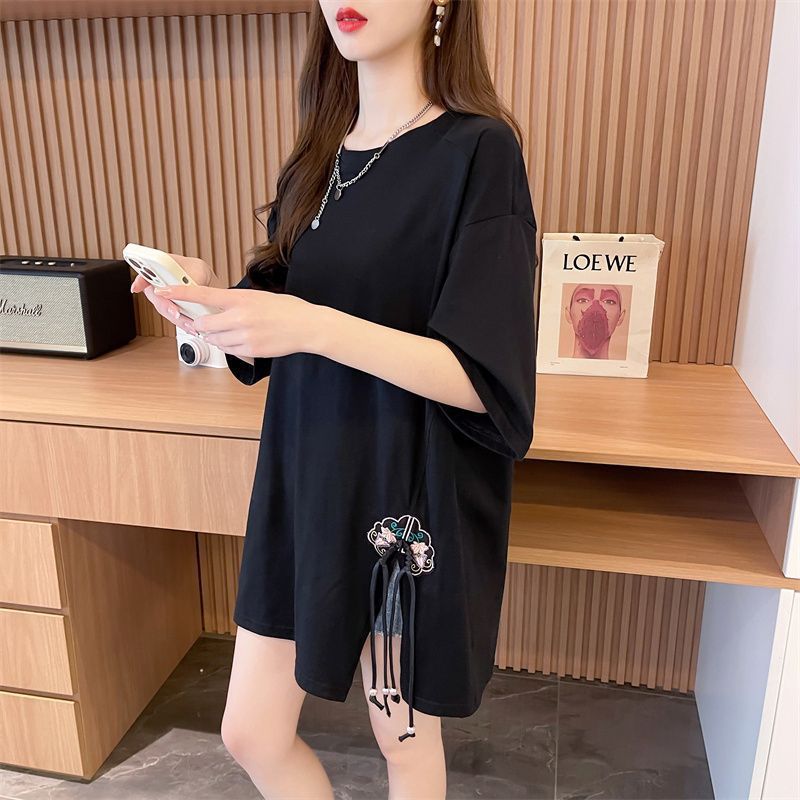 Camiseta de manga corta con hebilla de talla grande, estilo nacional femenino, suelta, talla grande, delgada, 2024 verano, nuevo estilo, top bordado, marea image 5