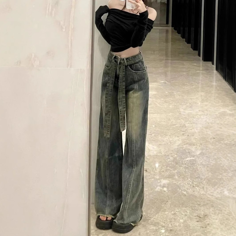 American Retro Distressed High-Waisted Jeans for Women 2026 Spring and Autumn New Loose Slimming Wide-Leg Pants Ins Trend