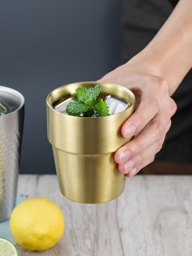 Korean Style 304 Stainless Steel Double Layer Gold Water Cup BBQ Ribs Restaurant Beer Cup Beverage Cup Dining Cup