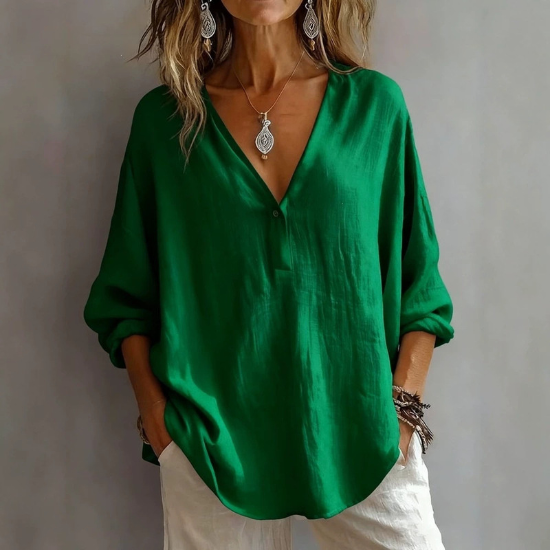 2026 European and American cross-border autumn Amazon TK bestseller: Women's casual loose-fitting solid color V-neck button-up linen shirt 2026 European and American cross-border autumn Amazon TK bestseller: Women's casual loose-fitting solid color V-neck button-up linen shirt