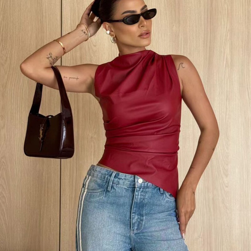 Amazon European and American Style Women's 2024 Cross-border Leather Pile Collar Distinctive Waist Slant Sleeveless Top Women's Vest