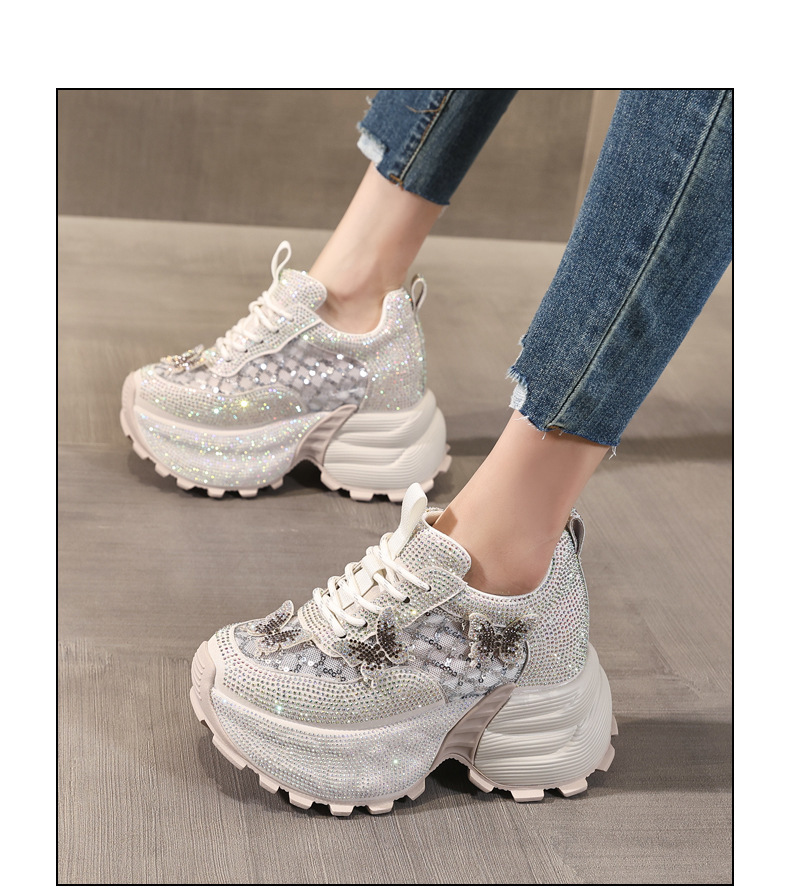 Giày sneaker nữ chunky đế dày đính đá pha lê thời trang — màu be chi tiết 15