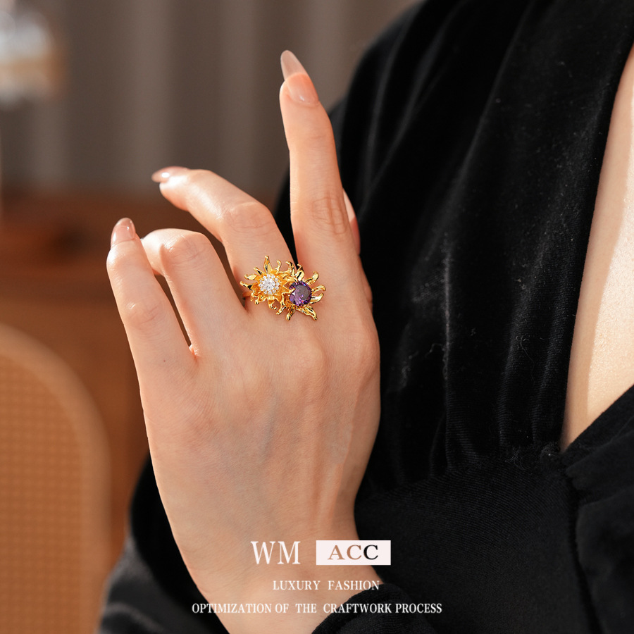 real gold electroplated zircon flower open ring light luxury high-grade sense niche index finger ring all-match high-grade sense bracelet for women