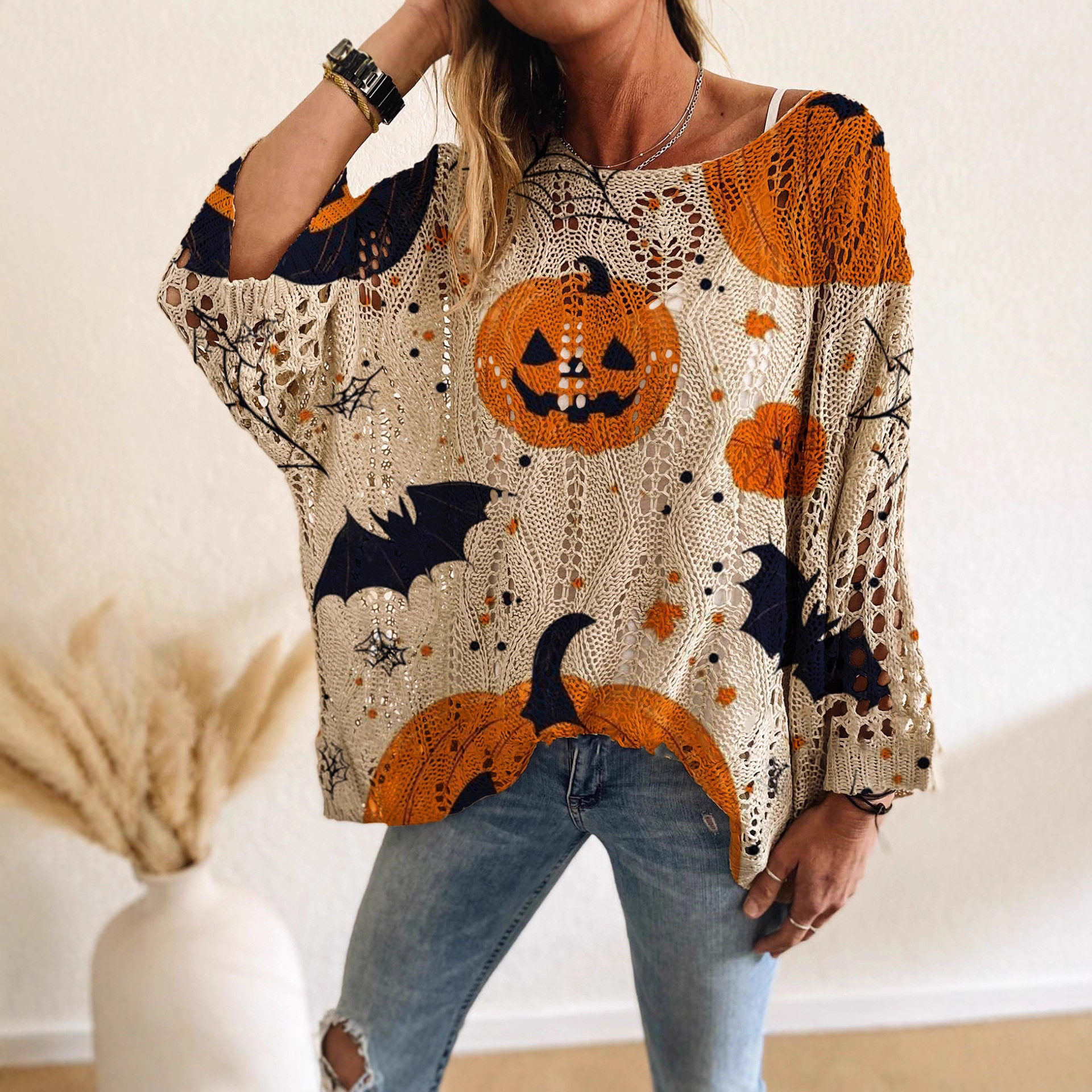 Spring, Summer, Autumn Seasons, One-Line Collar, Diamond-Shaped Hollow Bat, Pumpkin Bat, Halloween Print, Long-Sleeved Women's Casual Style