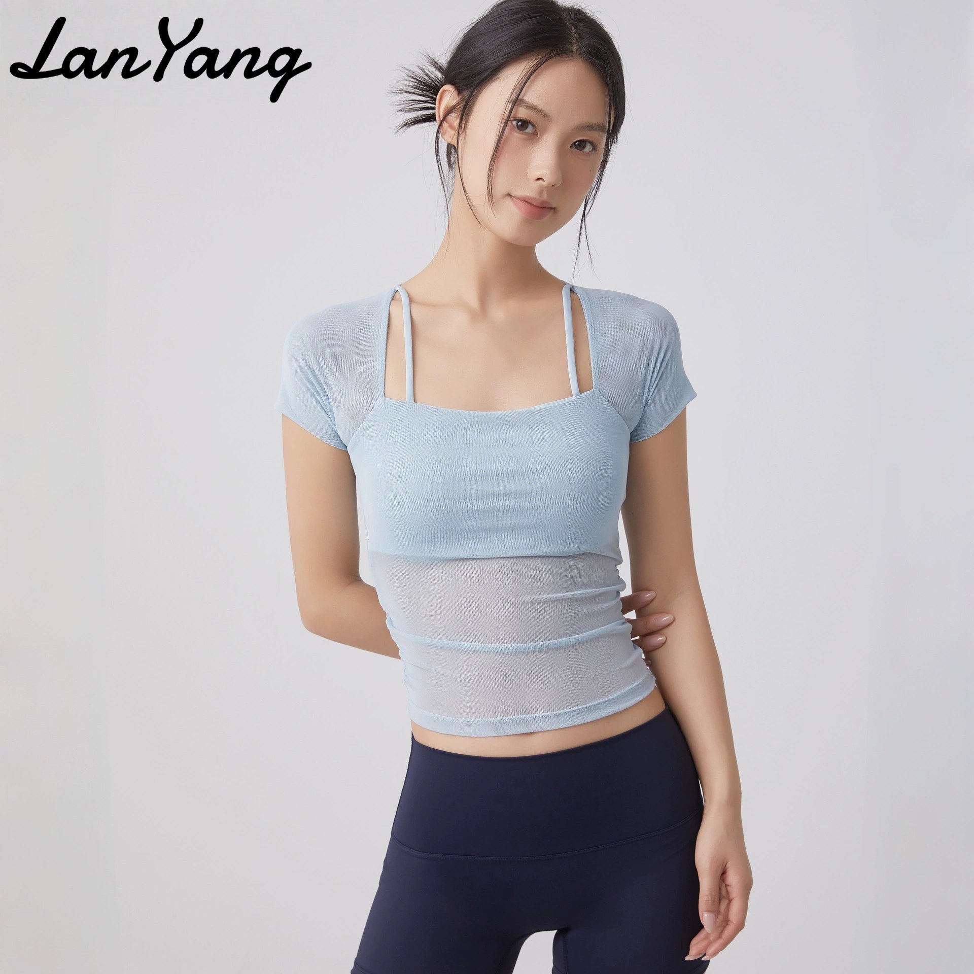 Mesh Yoga Clothing Short-Sleeved Women's Summer Breathable Pilates Training Clothing with Chest Pads Sports Fitness Tops