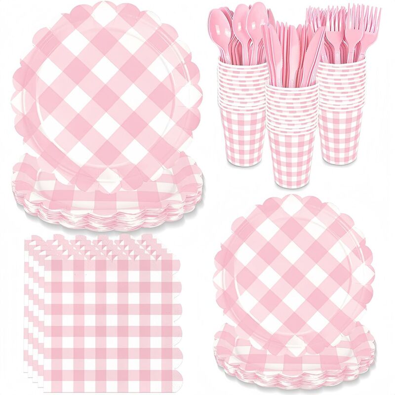 Cross-border pink plaid lace-themed tableware disposable party set with paper plates, paper cups, paper napkins, and tablecloth