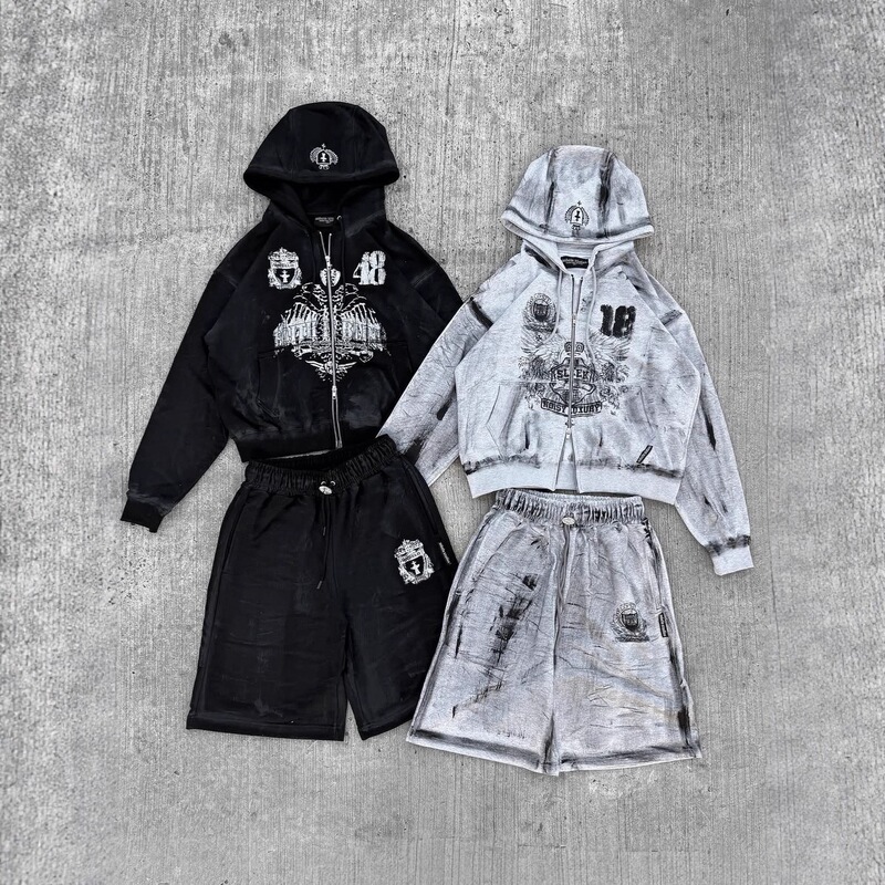 High Street Retro American-Style Printed Cardigan Hooded Sweatshirt Men's New Fashion Brand Loose Top Shorts Wholesale 166
