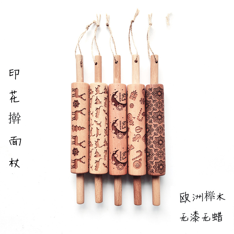 Floral stamp rolling pin laser cookie dough roller carved baking clay sculpture pottery cookie pattern stick