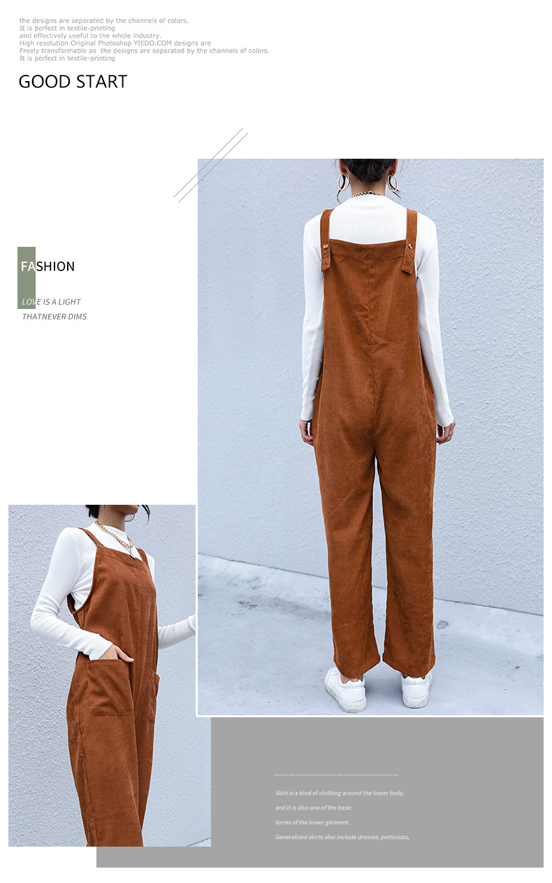 Salopette in velluto a coste ampia con tasca marrone_voghion.com