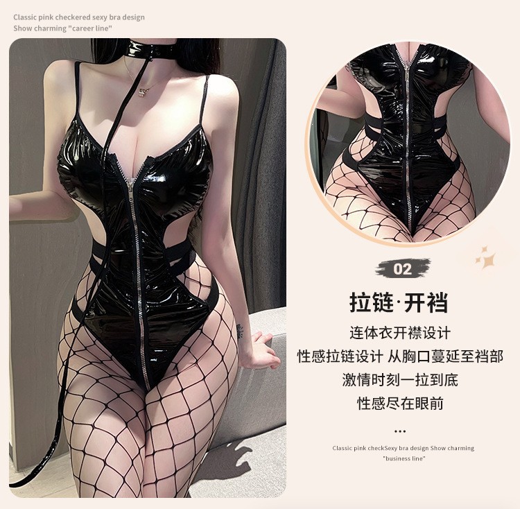 Women’s Black Cosplay Bodysuit with Fishnet Stockings, Backless Stretch One-Piece — detail image 7