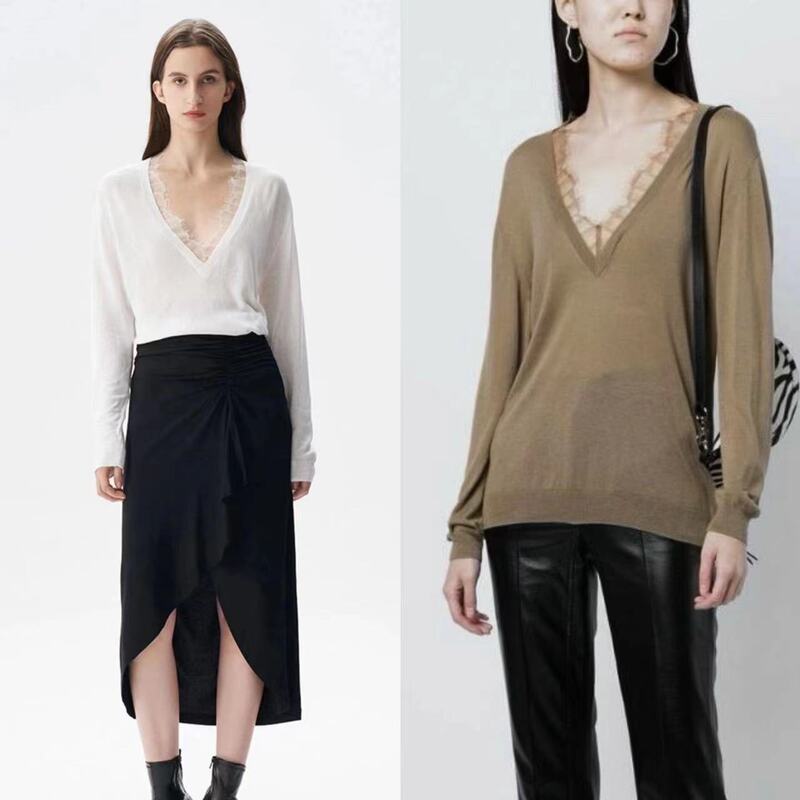 26 Early Spring Ir Skin-Feel Lyocell Silk Blend Cool-Touch Eyelash Lace Patchwork Lazy Loose V-Neck Knit Sweater