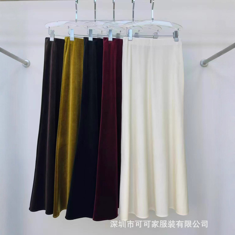 时尚百搭醋酸丝绒半身裙女秋季新款高腰修身显瘦A字鱼尾裙半裙子|undefined