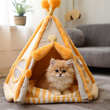 定制毛绒猫窝半封闭式可爱保暖三角帐篷宠物睡觉垫子冬季长绒猫窝
