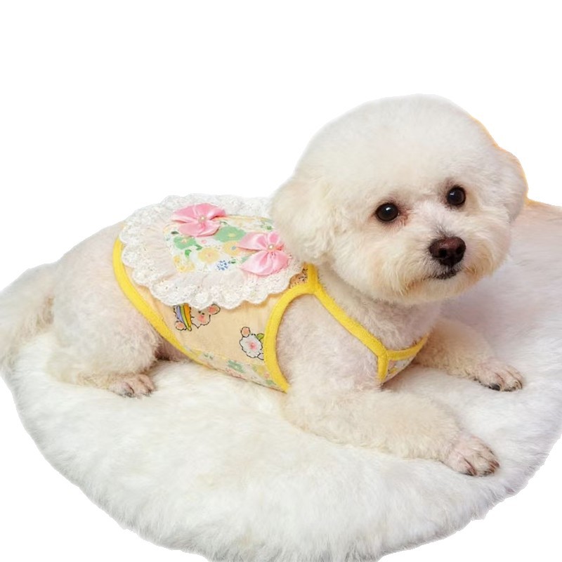 Graziosi vestitini primaverili/estivi per animali domestici con stampa floreale e pizzo elastico, adatti a cani e gatti di piccola taglia, come i maltesi._voghion.com