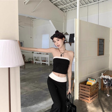 甜辣妹风套装撞色拼接抹胸背心女装夏季微喇裤拖地裤时尚两件套潮