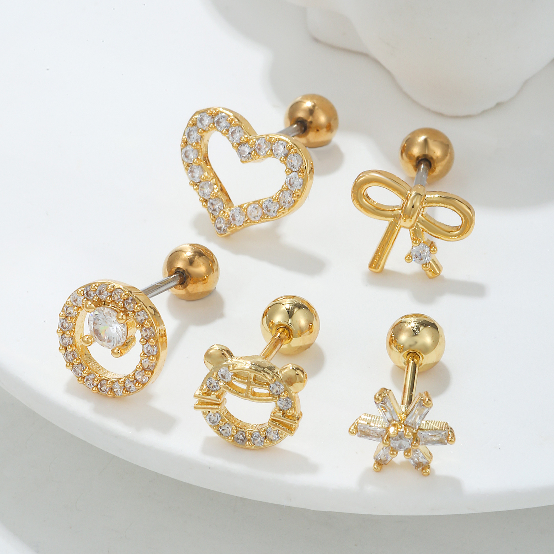Retro Round Heart Shape Bow Knot Copper Inlaid Zircon Ear Studs 1 Piece