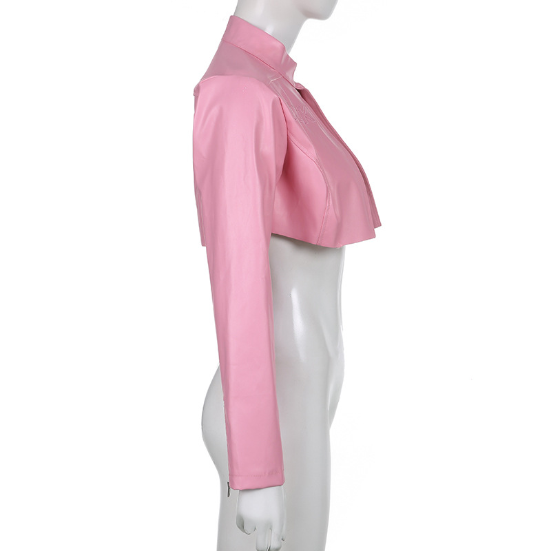 product - wholesale Locomotive Pink Letters Embroidered Faux Leather Jacket Cool Handsome Ultra Short Cuff Zipper Jacket - 8